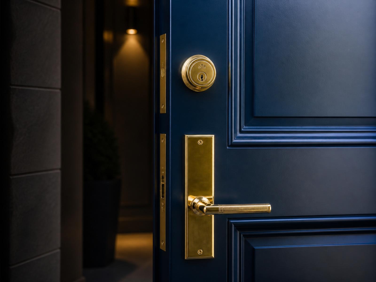 Deep blue front door fitted with polished brass lock hardware