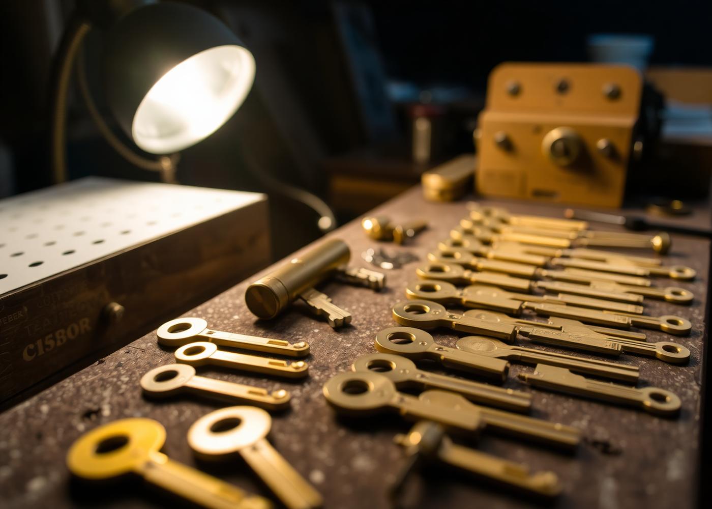 Brass key blanks and lock components laid out on a locksmith workbench